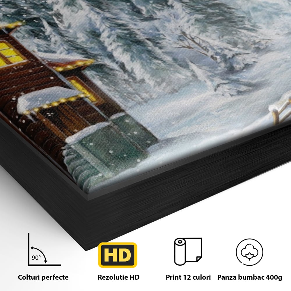 Detaliu al suprafetei: tablou canvas cu peisaj de iarna, in rama de aluminiu negru