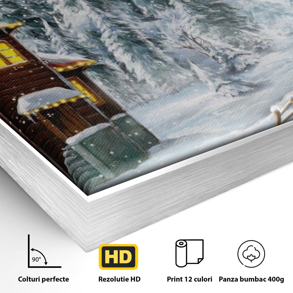Detaliu al suprafetei: tablou canvas cu peisaj de iarna, in rama de aluminiu argintiu