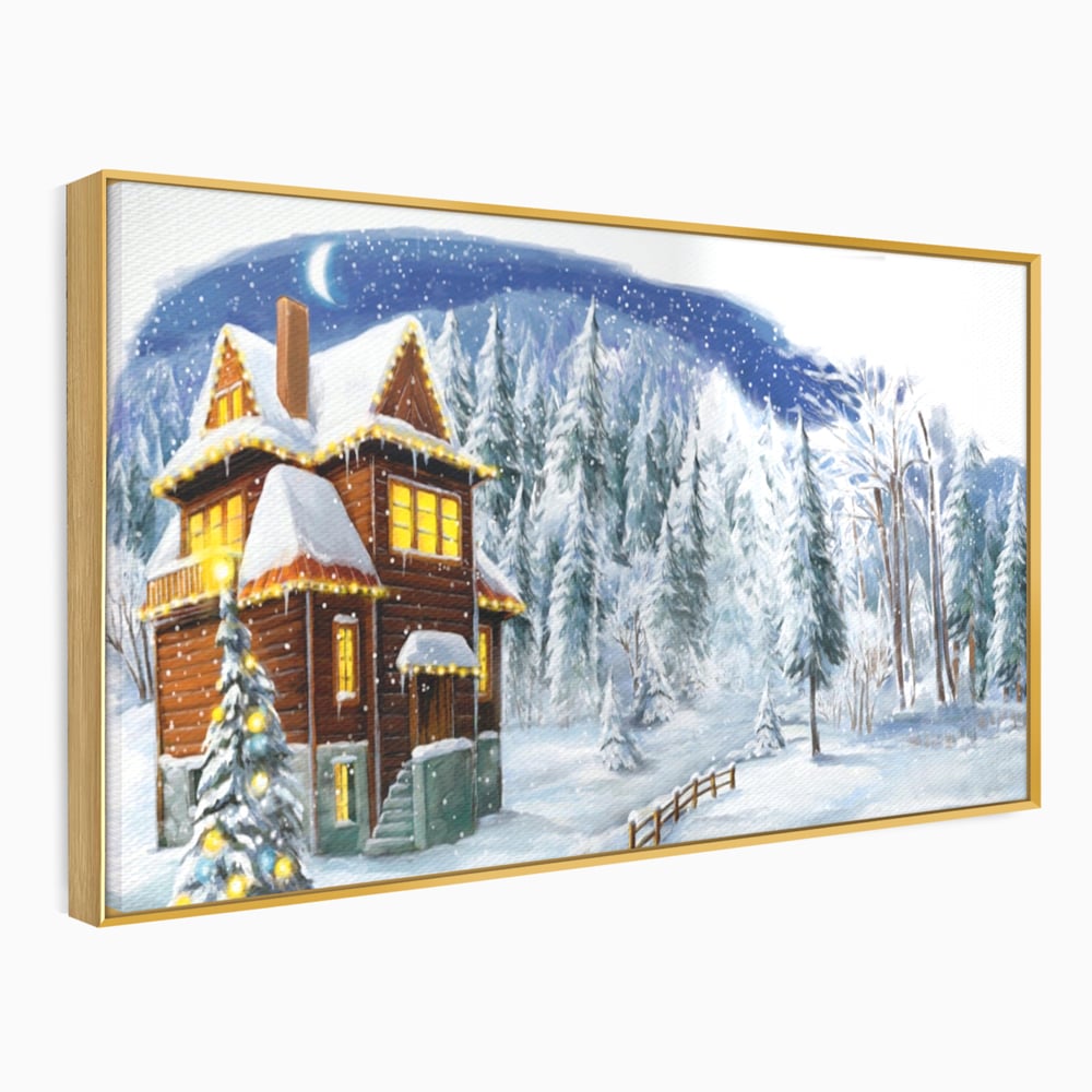 Tablou canvas cu tablou canvas cu peisaj de iarna, in rama de aluminiu auriu