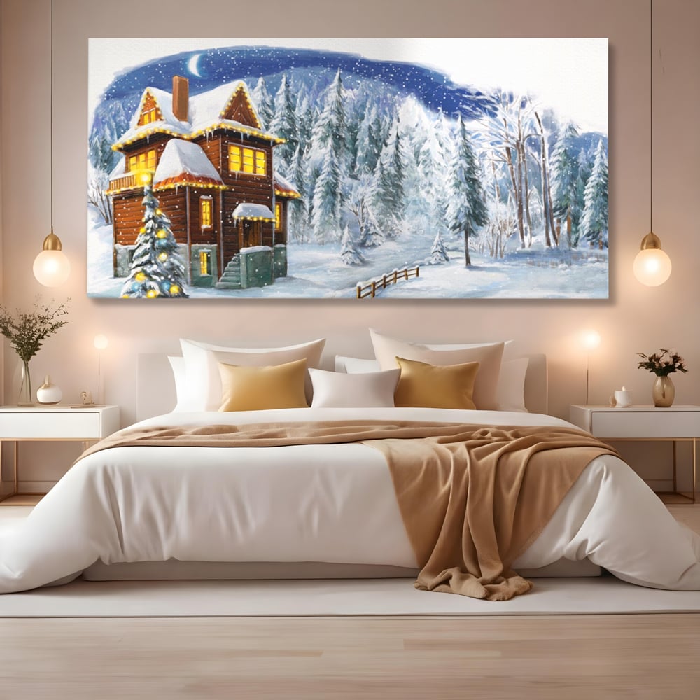 Tablou canvas cu tablou canvas cu peisaj de iarna, fara rama, pe sasiu de lemn, pe perete intr-un dormitor