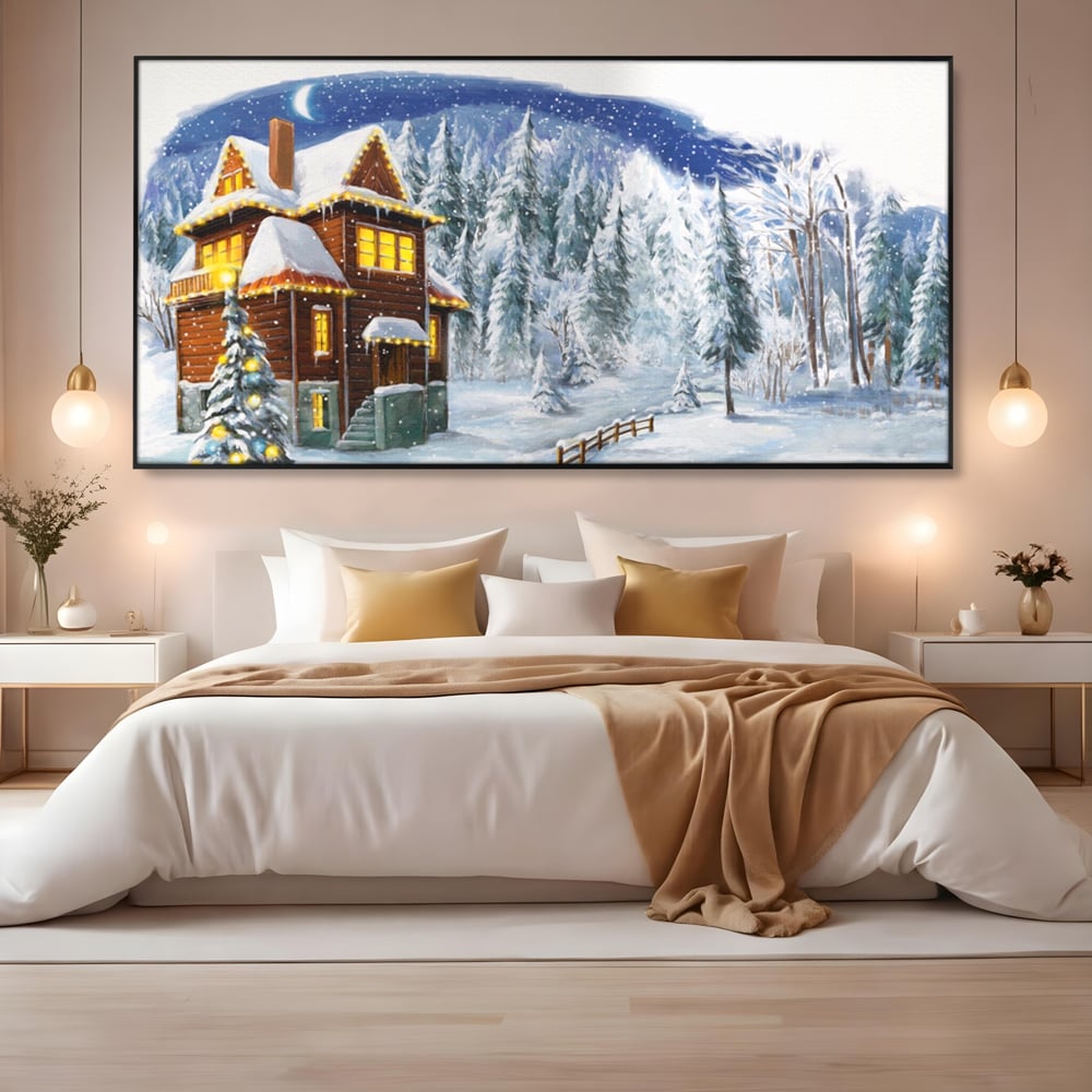Tablou canvas cu tablou canvas cu peisaj de iarna, in rama de aluminiu negru, pe perete intr-un dormitor