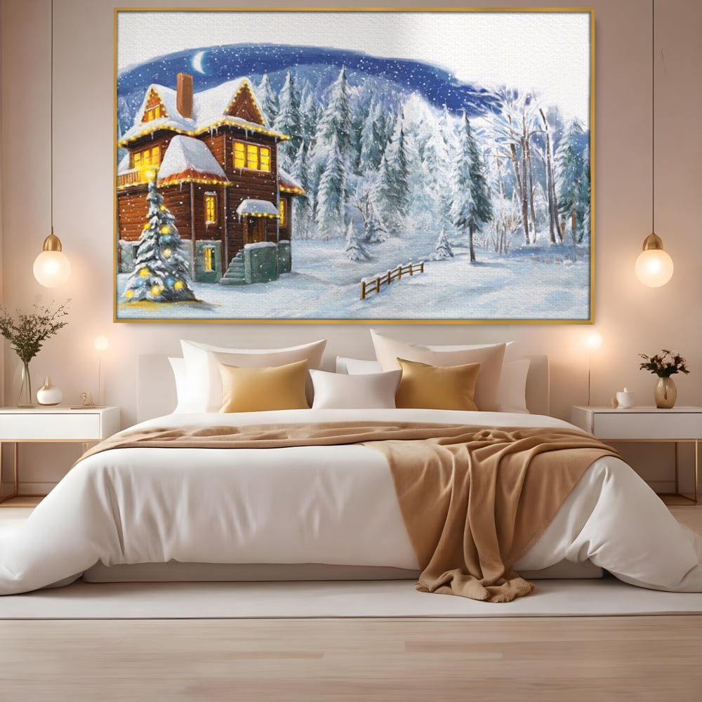 Tablou canvas cu tablou canvas cu peisaj de iarna, in rama de aluminiu auriu, pe perete intr-un dormitor