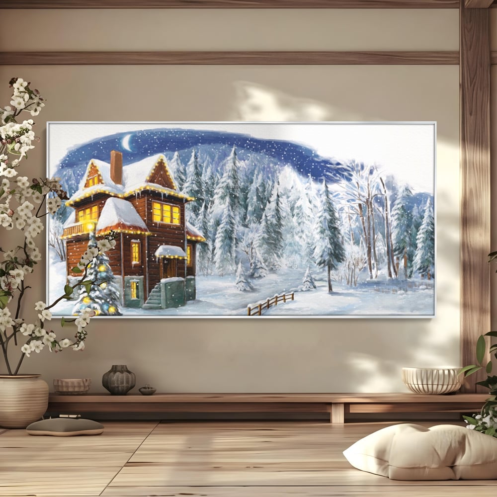 Tablou canvas cu tablou canvas cu peisaj de iarna, in rama de aluminiu argintiu