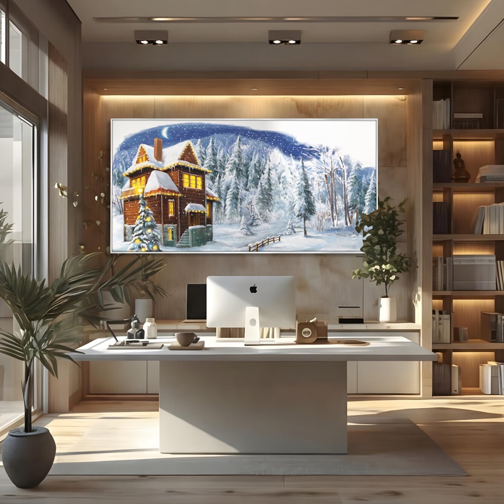 Tablou canvas cu tablou canvas cu peisaj de iarna, in rama de aluminiu argintiu, pe perete intr-un birou