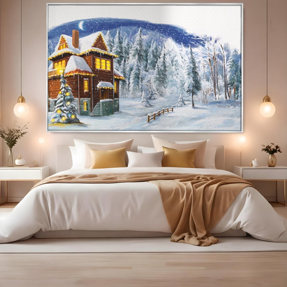 Tablou canvas cu tablou canvas cu peisaj de iarna, in rama de aluminiu argintiu, pe perete intr-un dormitor