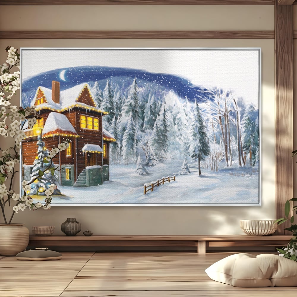 Tablou canvas cu tablou canvas cu peisaj de iarna, in rama de aluminiu argintiu