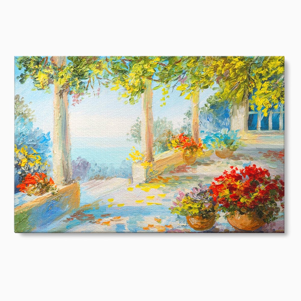 Tablou canvas cu pictura terasa insorita cu flori rosii, fara rama, pe sasiu de lemn