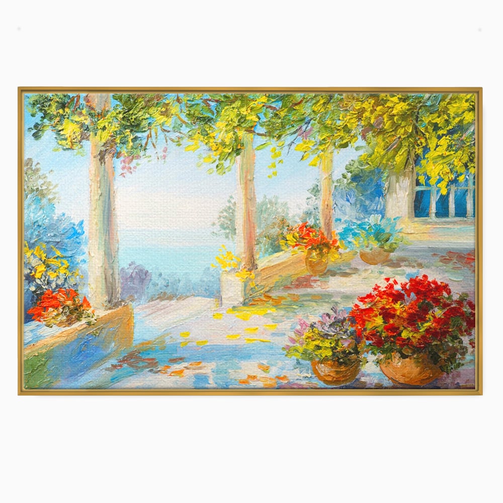 Tablou canvas cu pictura terasa insorita cu flori rosii, in rama de aluminiu auriu