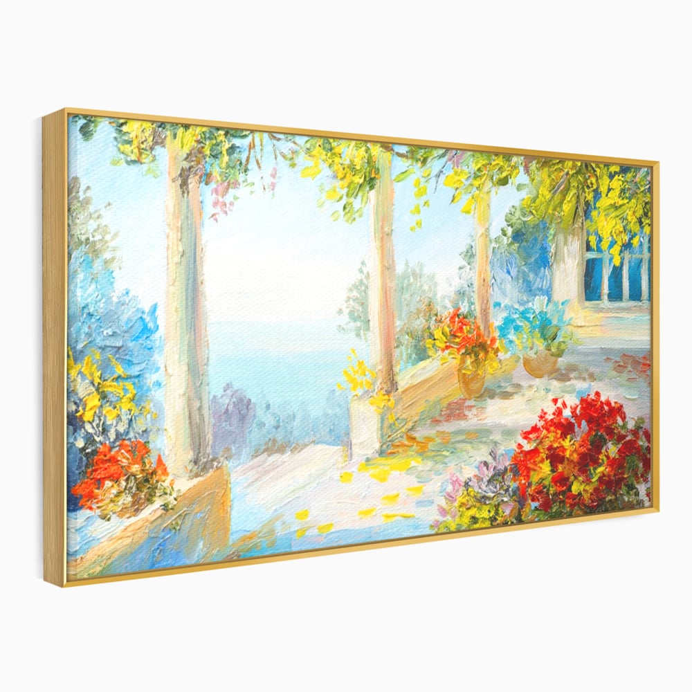 Tablou canvas cu pictura terasa insorita cu flori rosii, in rama de aluminiu auriu