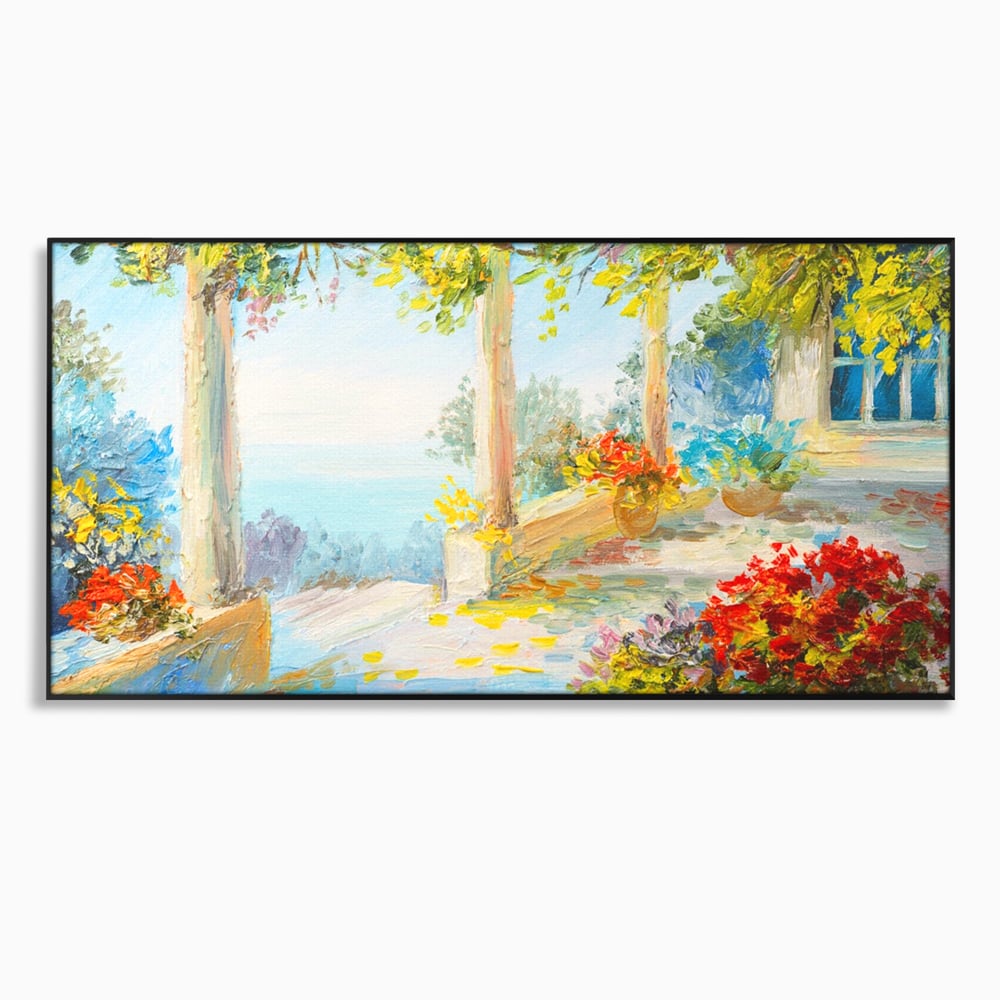 Tablou canvas cu pictura terasa insorita cu flori rosii, in rama de aluminiu negru