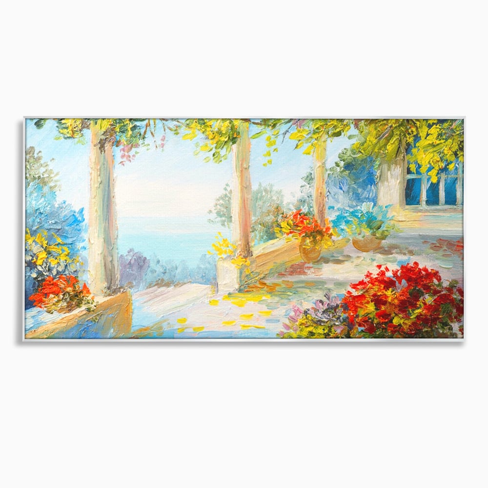 Tablou canvas cu pictura terasa insorita cu flori rosii, in rama de aluminiu argintiu