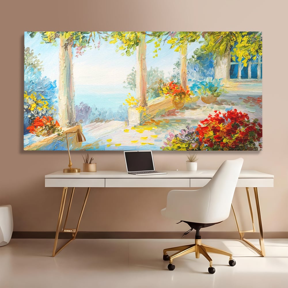 Tablou canvas cu pictura terasa insorita cu flori rosii, fara rama, pe sasiu de lemn, pe perete intr-un birou