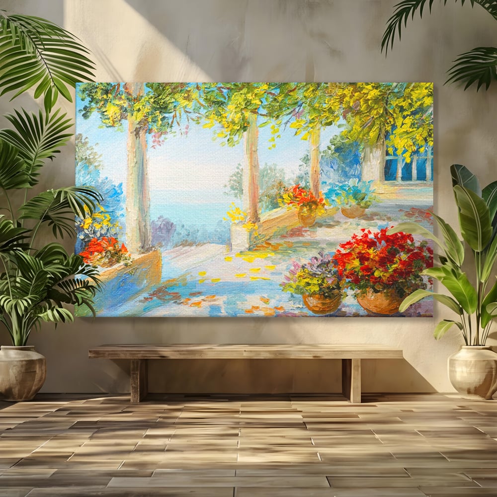 Tablou canvas cu pictura terasa insorita cu flori rosii, fara rama, pe sasiu de lemn