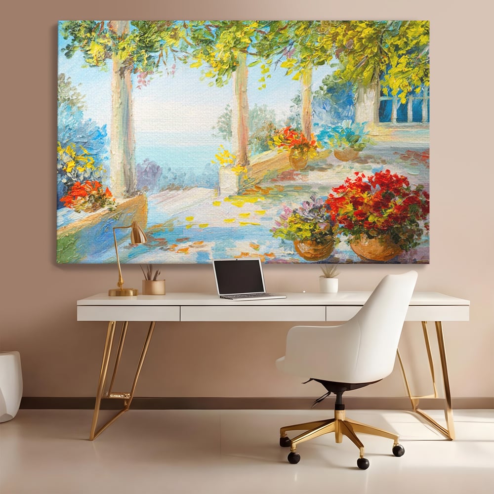 Tablou canvas cu pictura terasa insorita cu flori rosii, fara rama, pe sasiu de lemn, pe perete intr-un birou