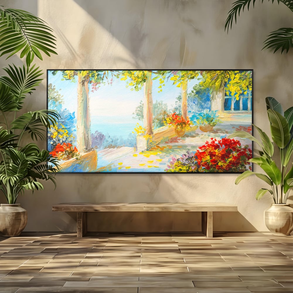 Tablou canvas cu pictura terasa insorita cu flori rosii, in rama de aluminiu negru