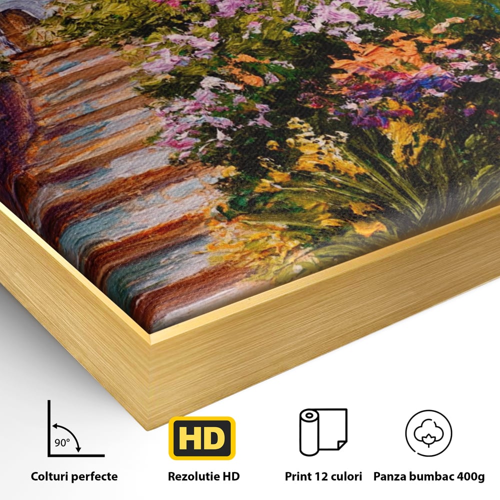 Detaliu al suprafetei: pictura cu scari florale spre mare, in rama de aluminiu auriu