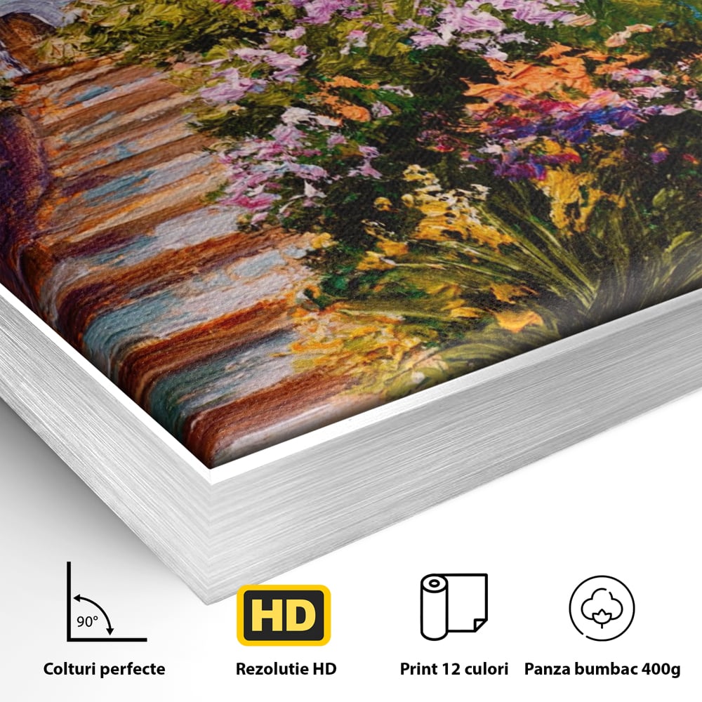 Detaliu al suprafetei: pictura cu scari florale spre mare, in rama de aluminiu argintiu