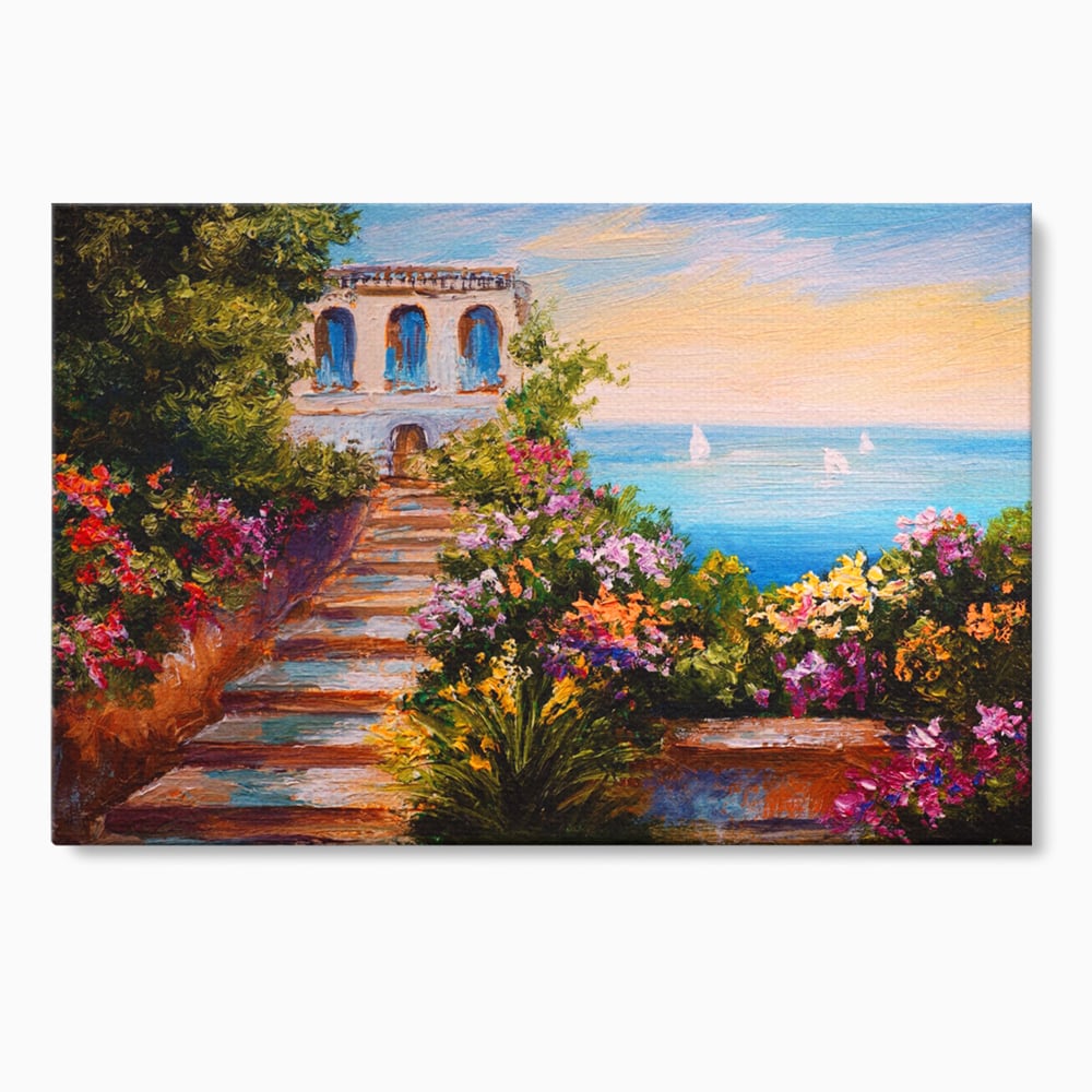 Tablou canvas cu pictura cu scari florale spre mare, fara rama, pe sasiu de lemn