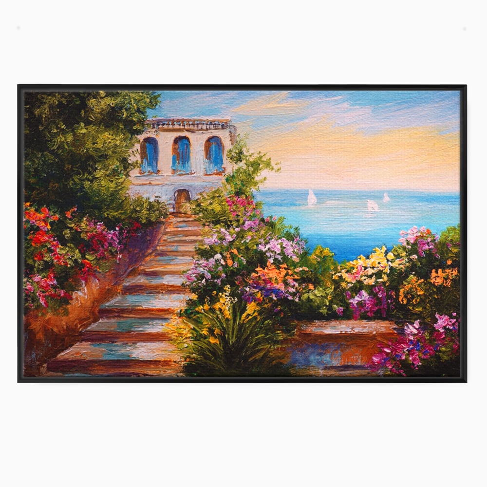 Tablou canvas cu pictura cu scari florale spre mare, in rama de aluminiu negru