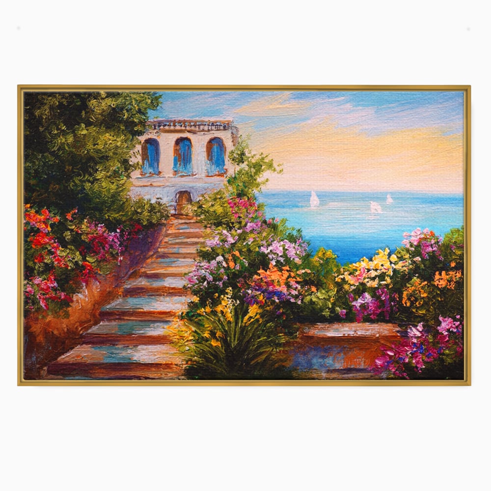 Tablou canvas cu pictura cu scari florale spre mare, in rama de aluminiu auriu