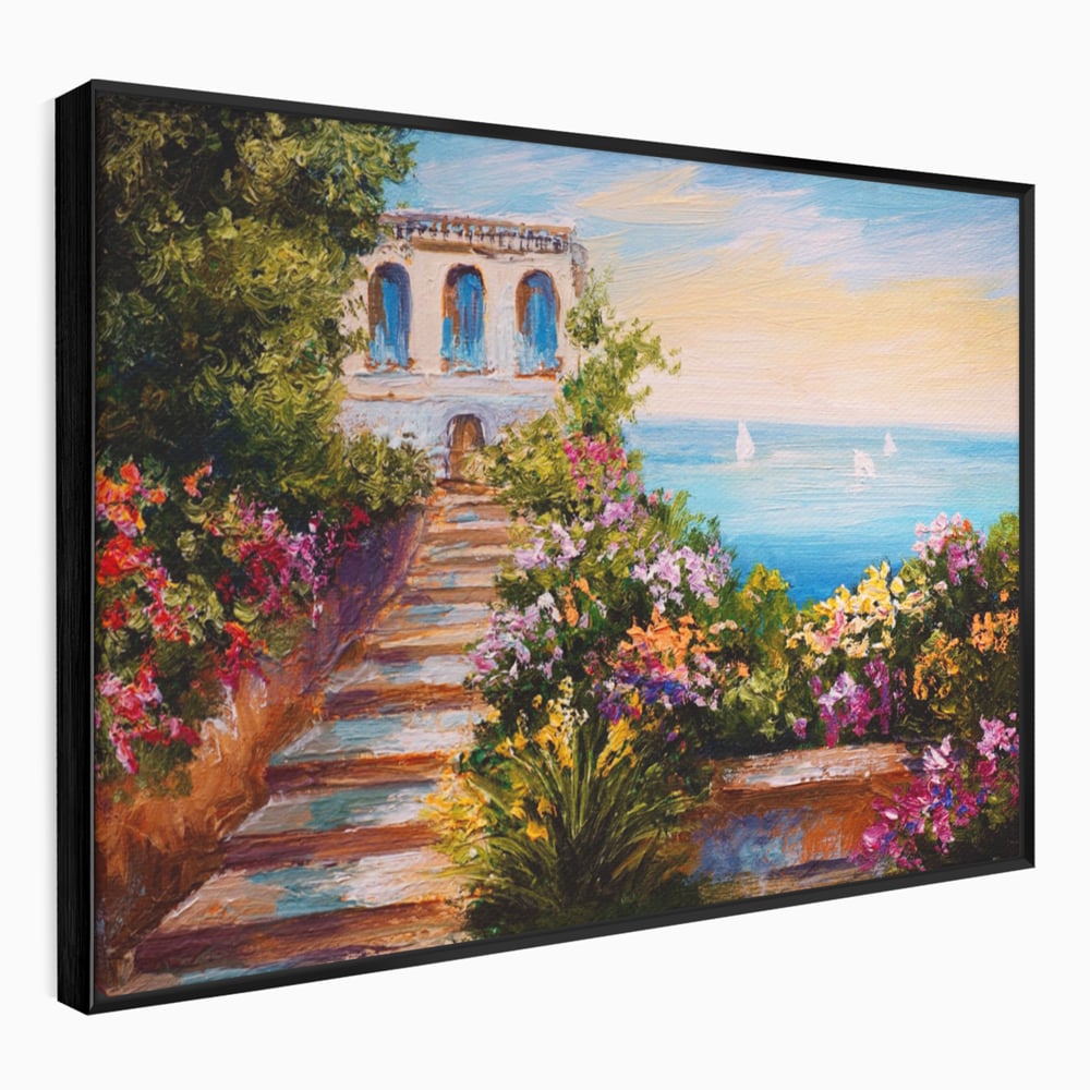 Tablou canvas cu pictura cu scari florale spre mare, in rama de aluminiu negru