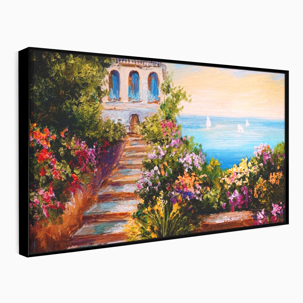 Tablou canvas cu pictura cu scari florale spre mare, in rama de aluminiu negru