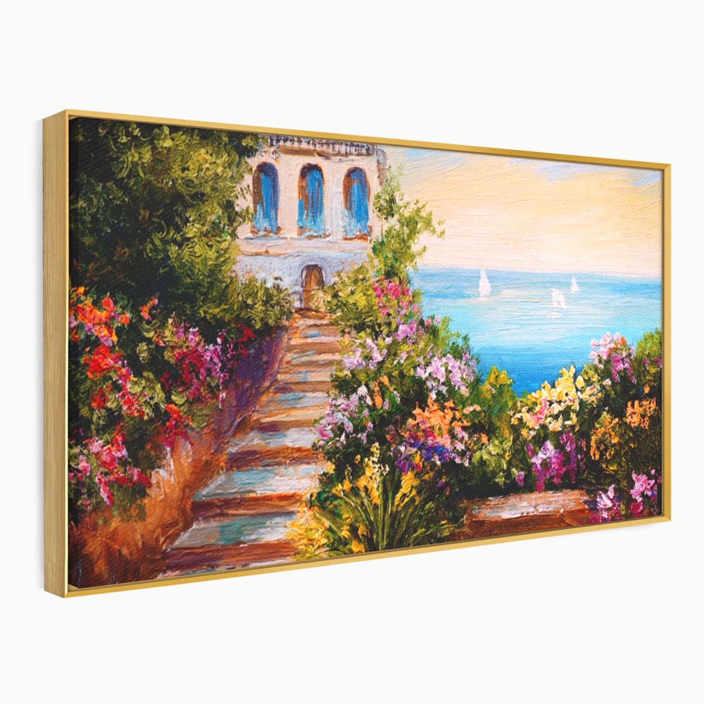 Tablou canvas cu pictura cu scari florale spre mare, in rama de aluminiu auriu