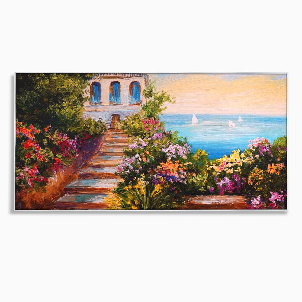 Tablou canvas cu pictura cu scari florale spre mare, in rama de aluminiu argintiu