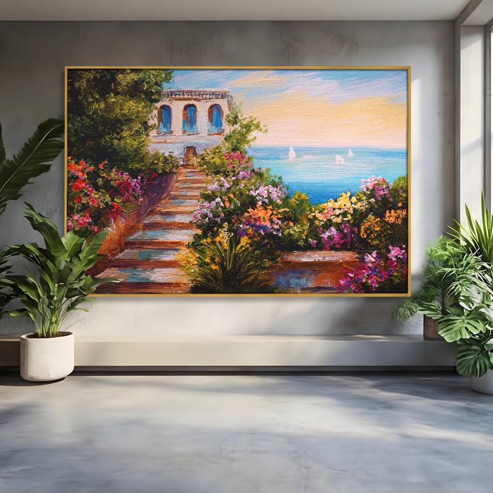 Tablou canvas cu pictura cu scari florale spre mare, in rama de aluminiu auriu