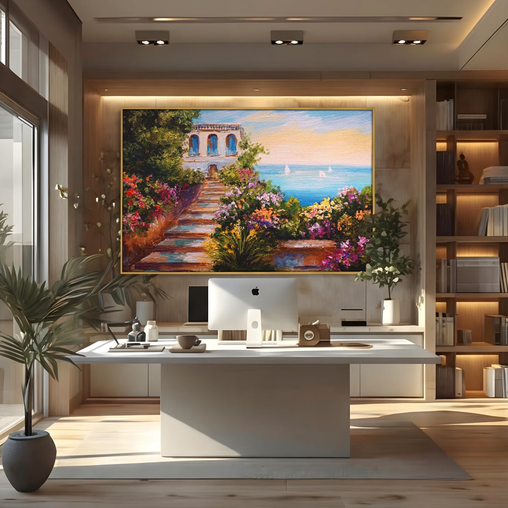 Tablou canvas cu pictura cu scari florale spre mare, in rama de aluminiu auriu, pe perete intr-un birou