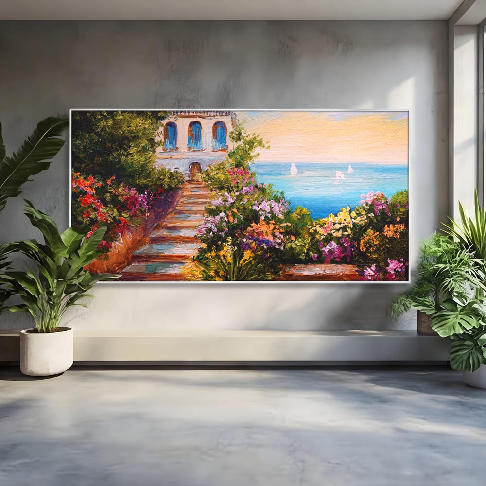 Tablou canvas cu pictura cu scari florale spre mare, in rama de aluminiu argintiu
