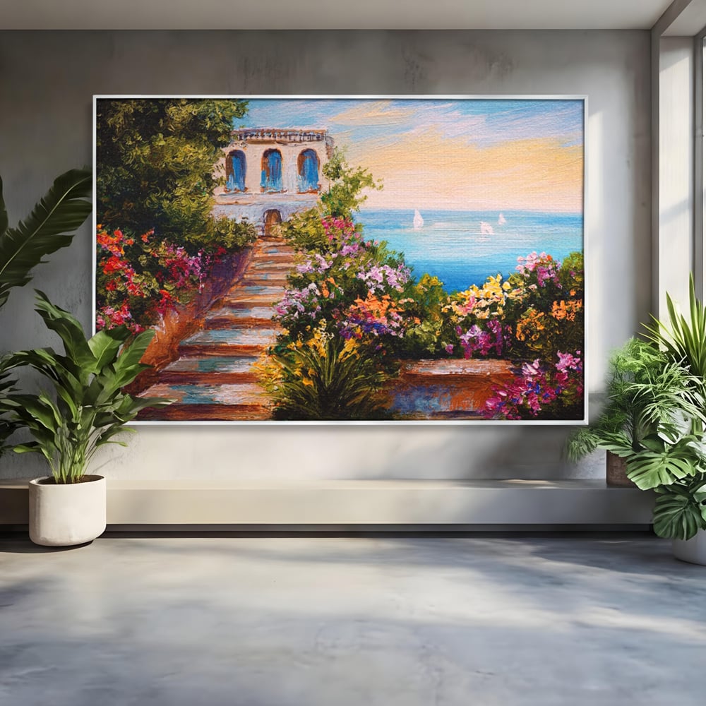 Tablou canvas cu pictura cu scari florale spre mare, in rama de aluminiu argintiu
