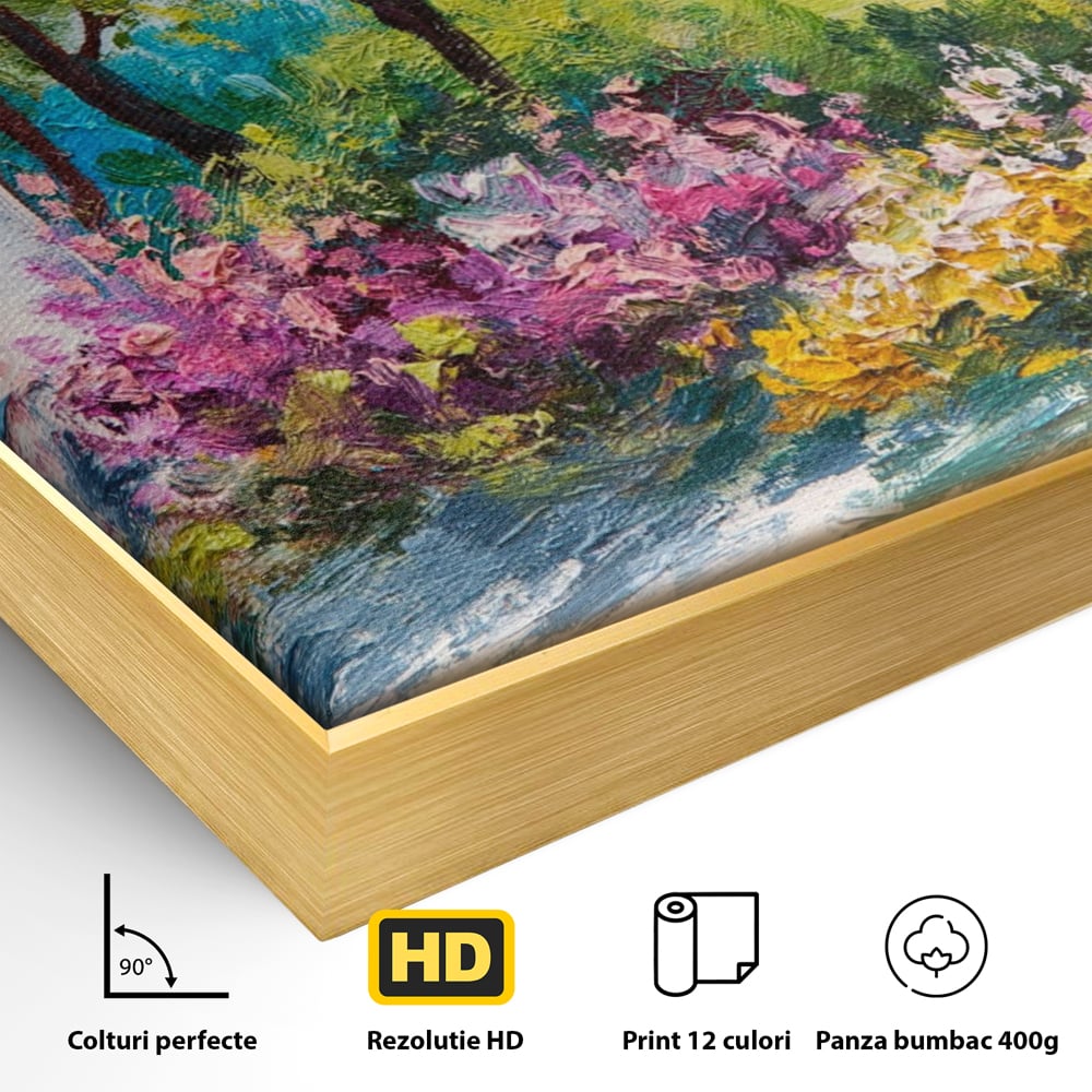 Detaliu al suprafetei: tablou canvas cu peisaj si casuta, in rama de aluminiu auriu