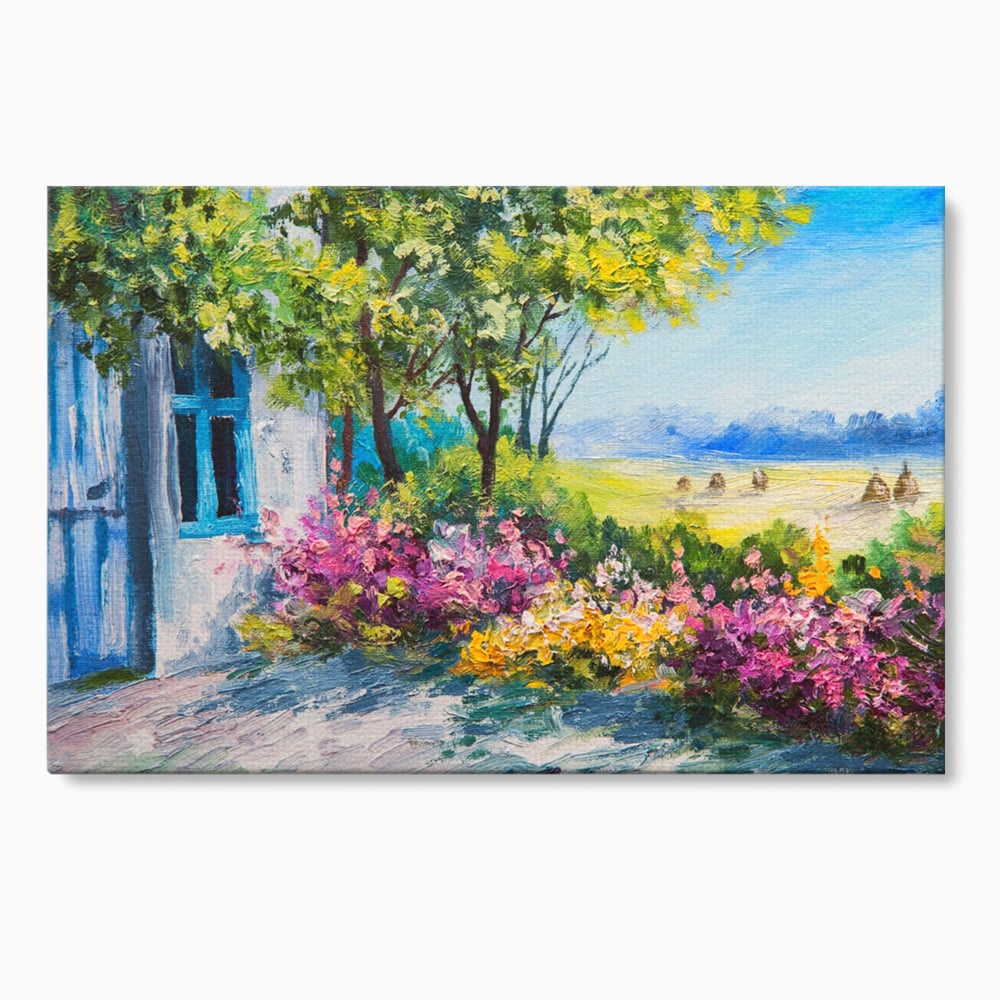 Tablou canvas cu tablou canvas cu peisaj si casuta, fara rama, pe sasiu de lemn