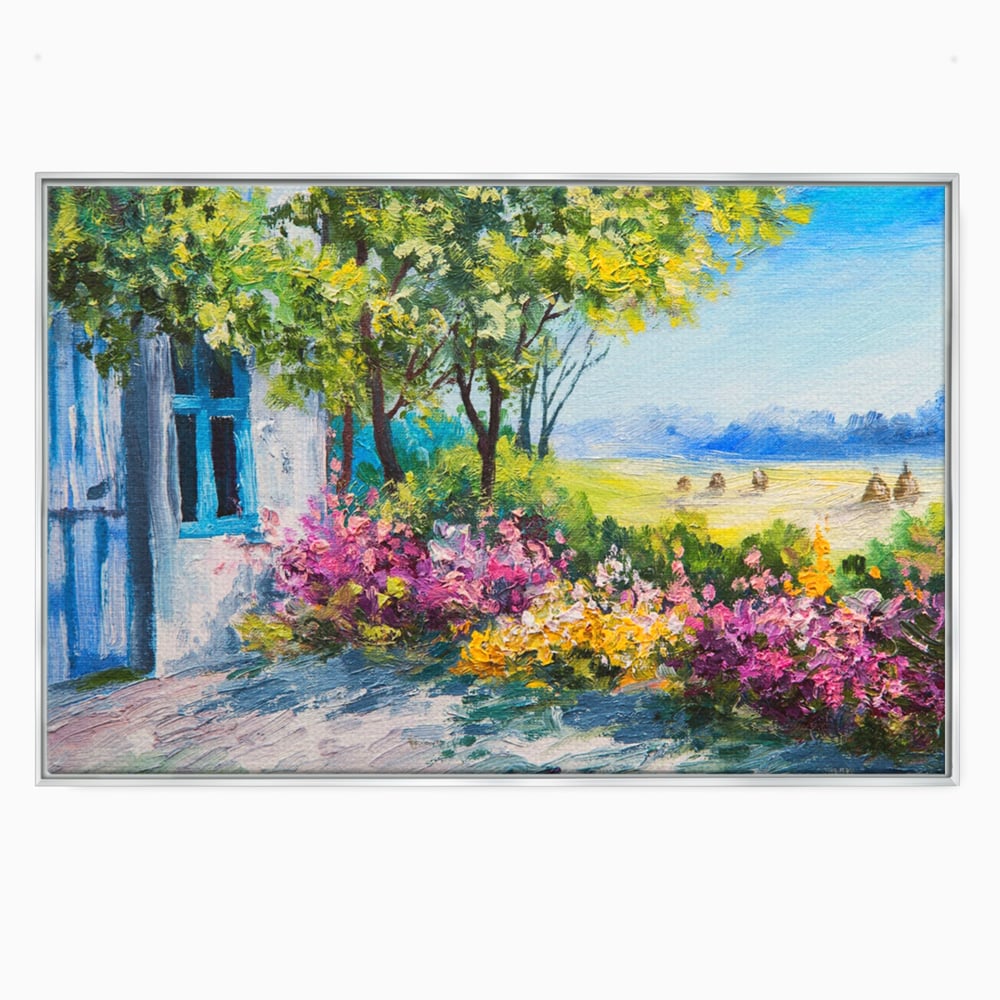 Tablou canvas cu tablou canvas cu peisaj si casuta, in rama de aluminiu argintiu