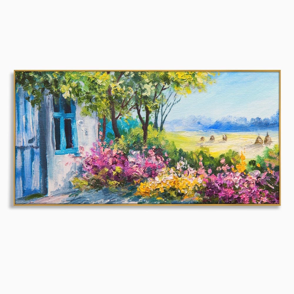 Tablou canvas cu tablou canvas cu peisaj si casuta, in rama de aluminiu auriu