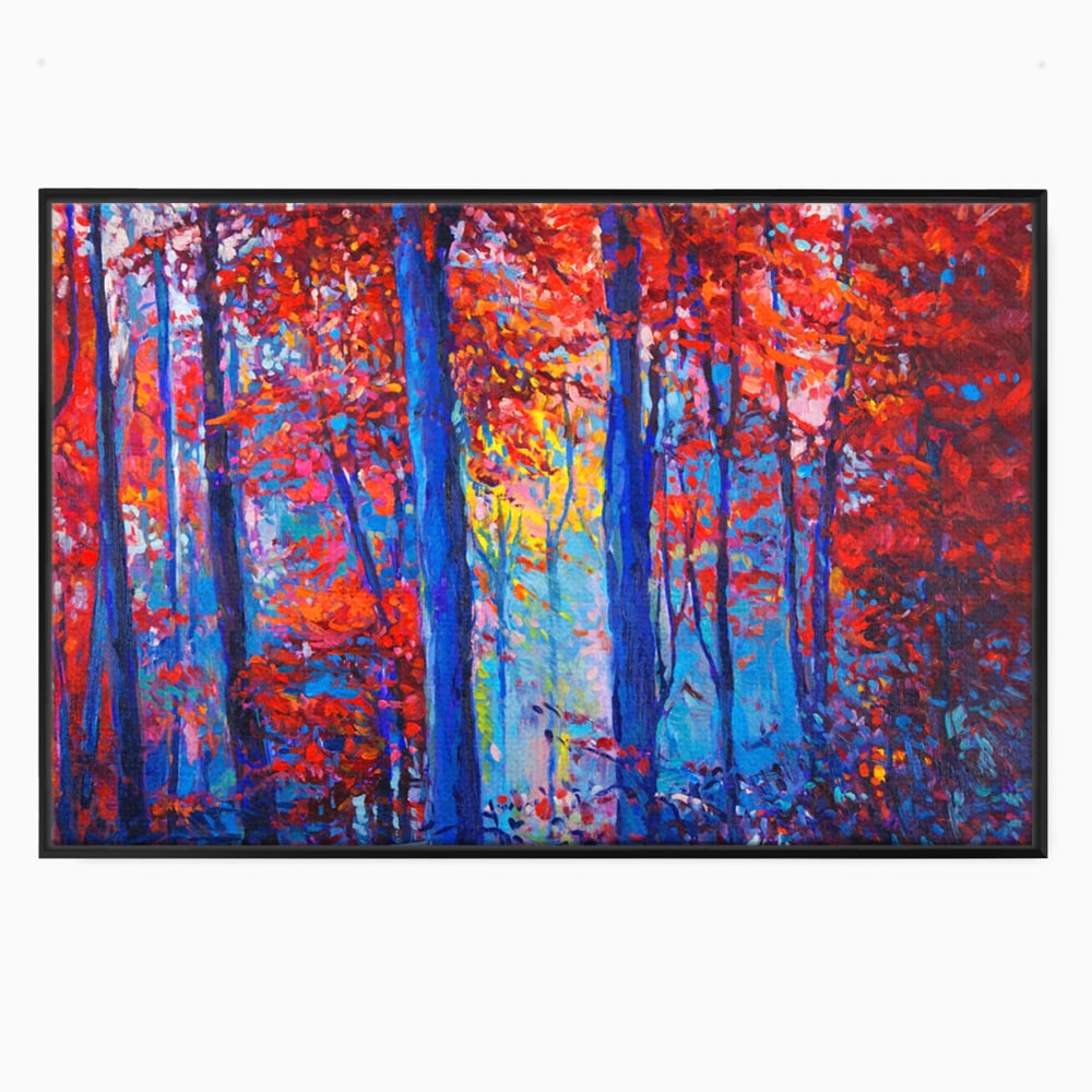 Tablou canvas cu pictura in ulei cu padure de toamna, in rama de aluminiu negru