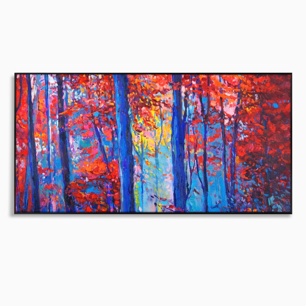 Tablou canvas cu pictura in ulei cu padure de toamna, in rama de aluminiu negru