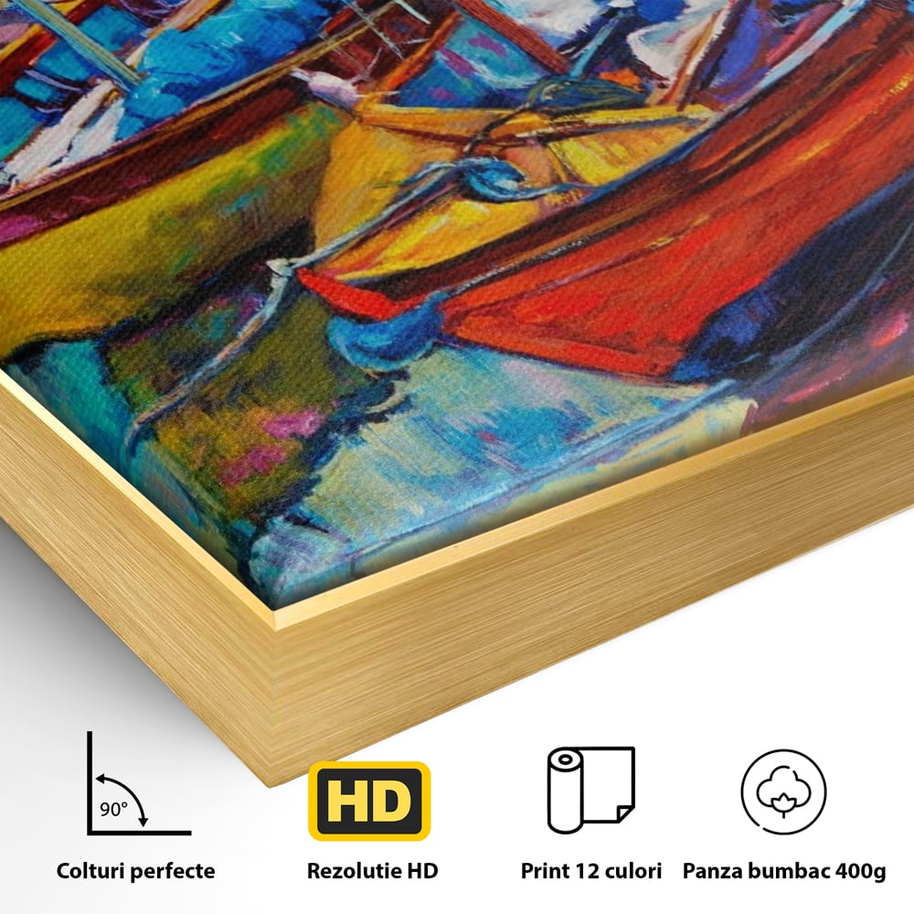 Detaliu al suprafetei: tablou canvas cu barci in port, in rama de aluminiu auriu
