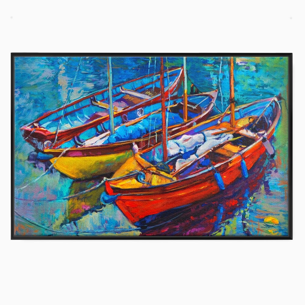 Tablou canvas cu tablou canvas cu barci in port, in rama de aluminiu negru