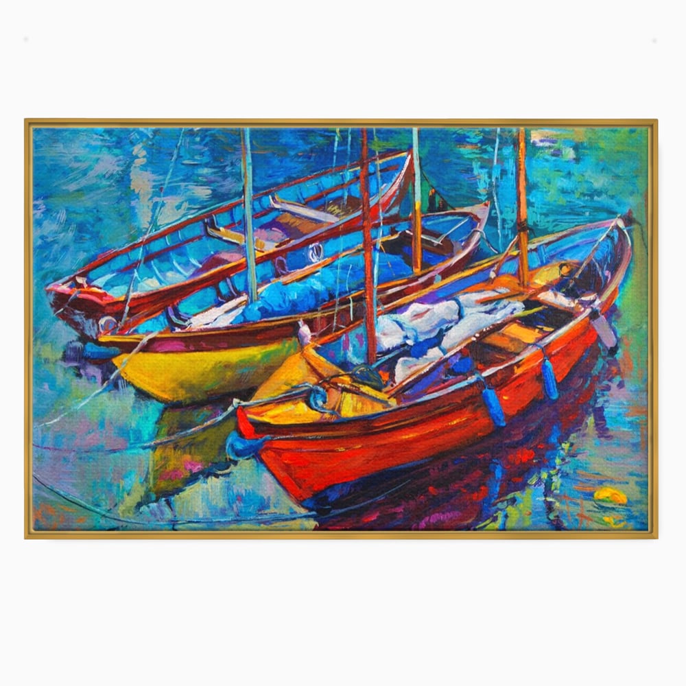 Tablou canvas cu tablou canvas cu barci in port, in rama de aluminiu auriu