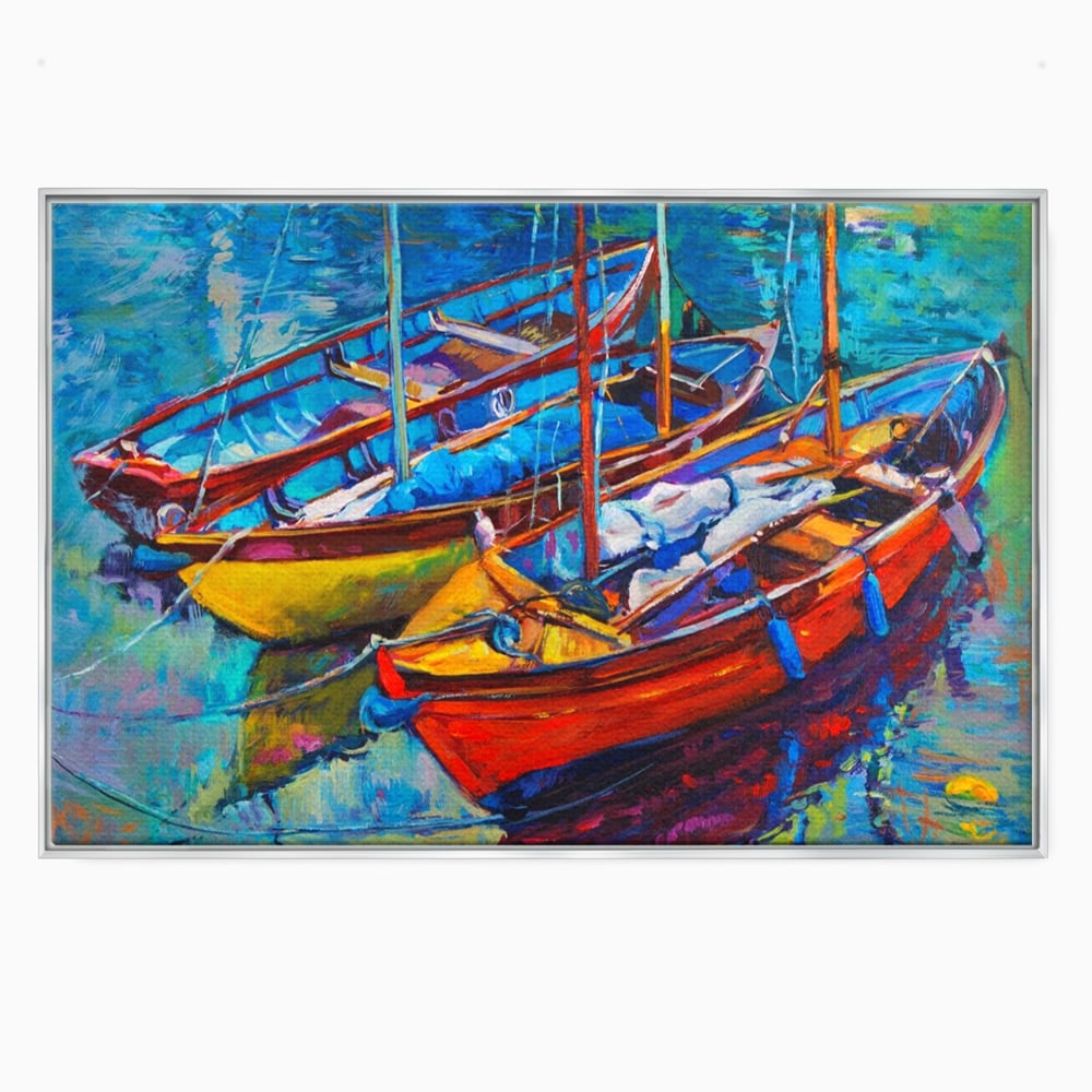 Tablou canvas cu tablou canvas cu barci in port, in rama de aluminiu argintiu