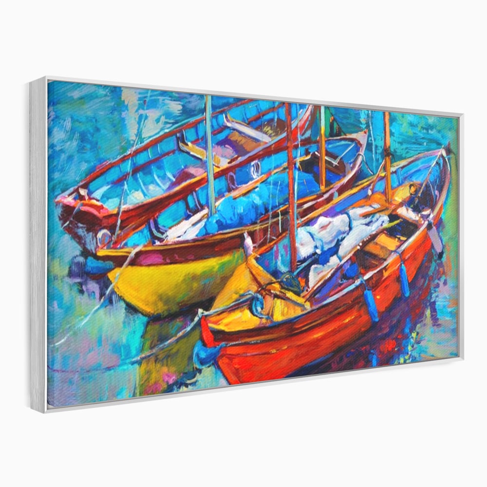 Tablou canvas cu tablou canvas cu barci in port, in rama de aluminiu argintiu