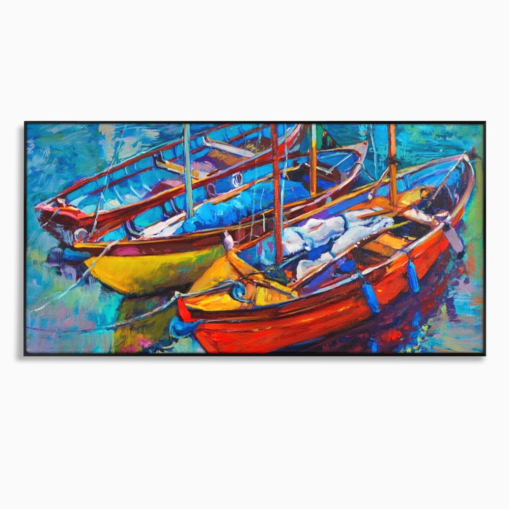 Tablou canvas cu tablou canvas cu barci in port, in rama de aluminiu negru