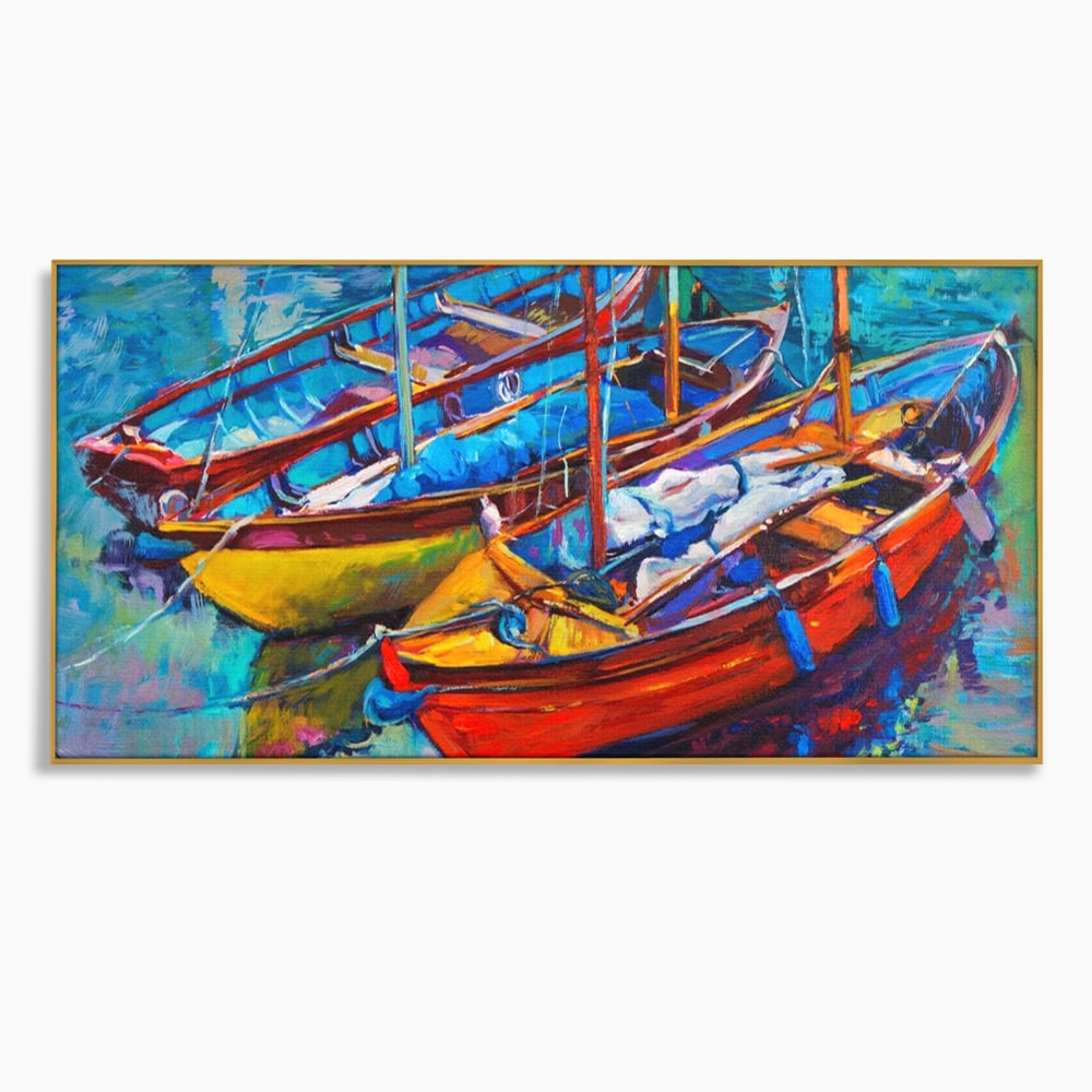 Tablou canvas cu tablou canvas cu barci in port, in rama de aluminiu auriu