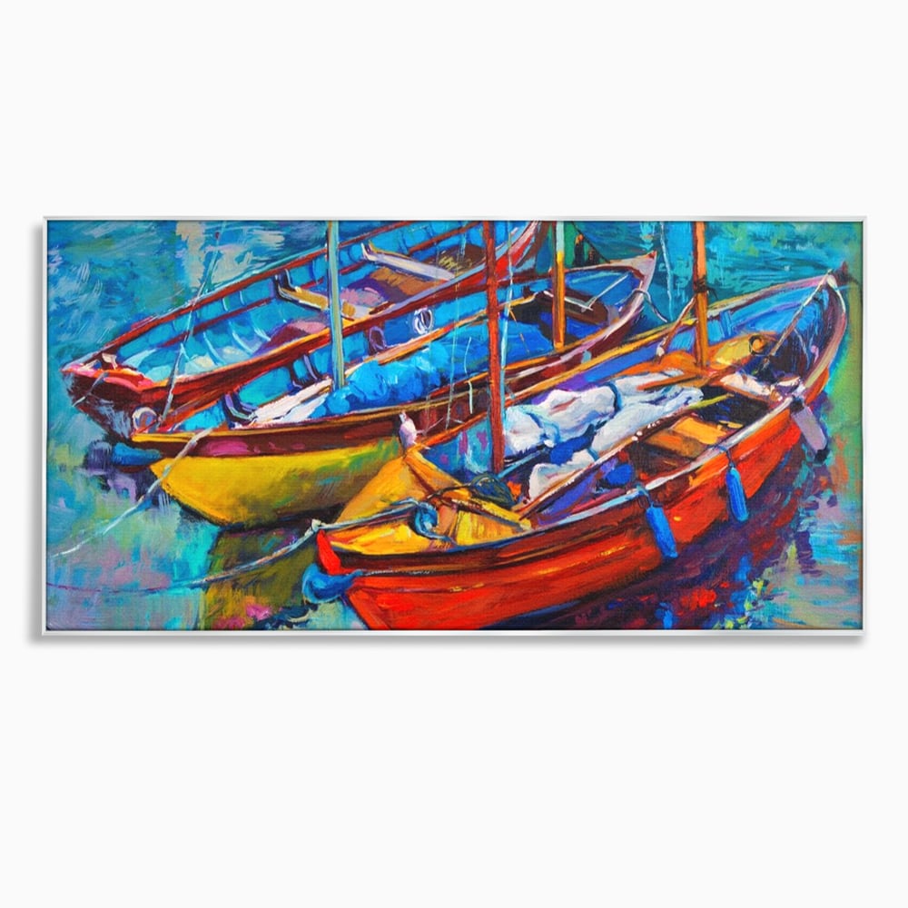 Tablou canvas cu tablou canvas cu barci in port, in rama de aluminiu argintiu