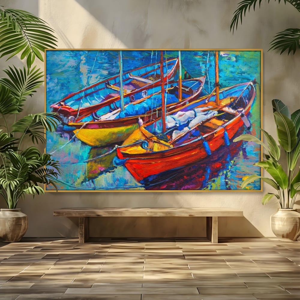 Tablou canvas cu tablou canvas cu barci in port, in rama de aluminiu auriu