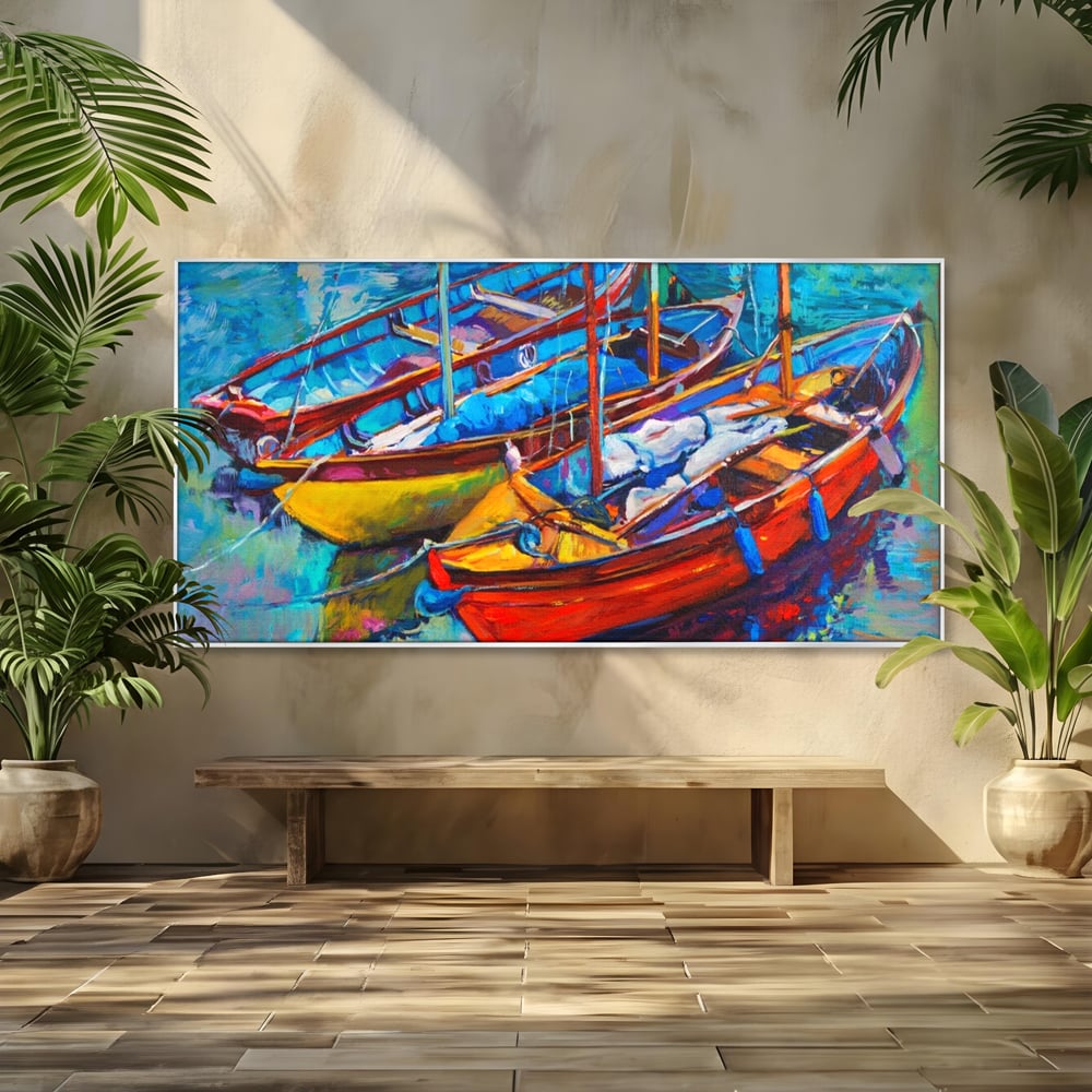 Tablou canvas cu tablou canvas cu barci in port, in rama de aluminiu argintiu