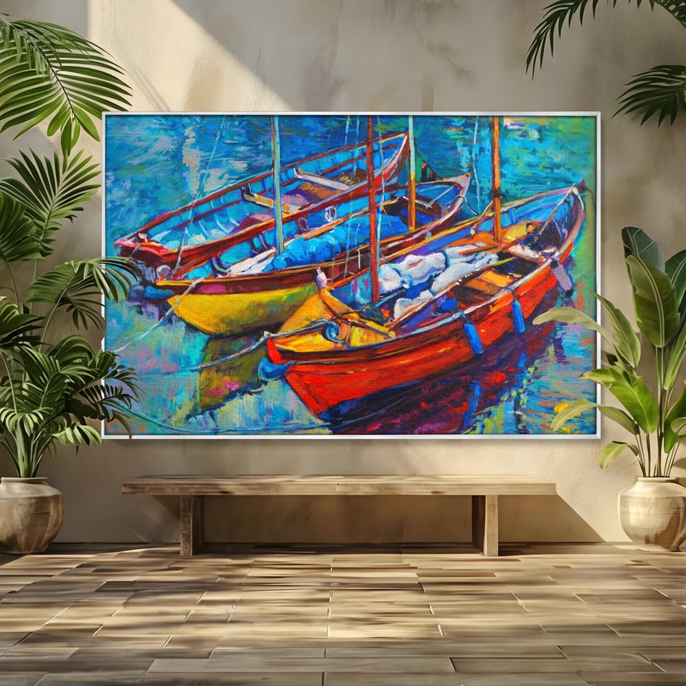 Tablou canvas cu tablou canvas cu barci in port, in rama de aluminiu argintiu