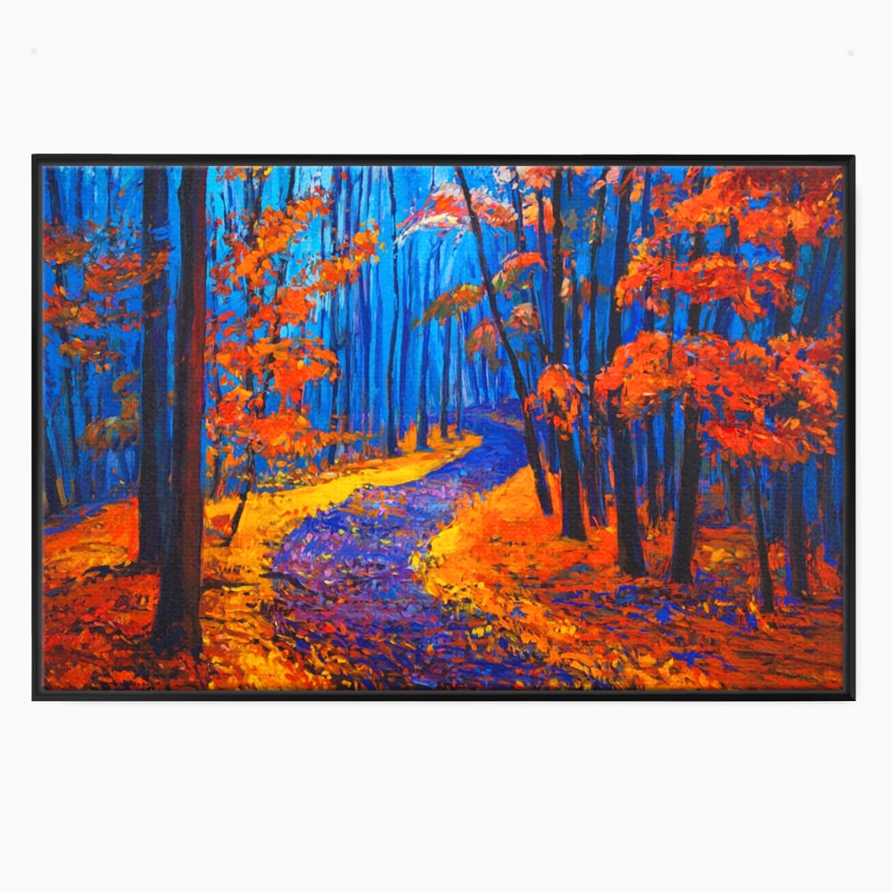 Tablou canvas cu pictura cu padure de toamna si poteca, in rama de aluminiu negru